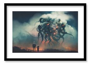 the futuristic man standing and facing the tentacle robot, digital art style, illustration painting