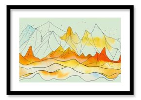 Minimalistic illustration of mountains colored in watercolor style in the hues of orange