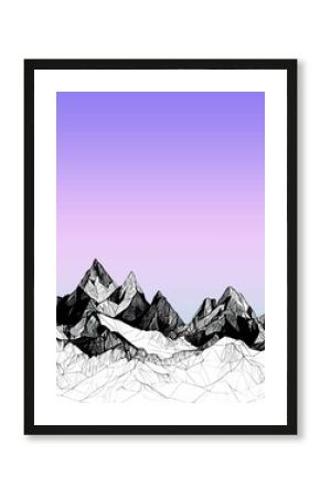 Illustration of black and white sketches of rocky mountains on the brightly-colored background