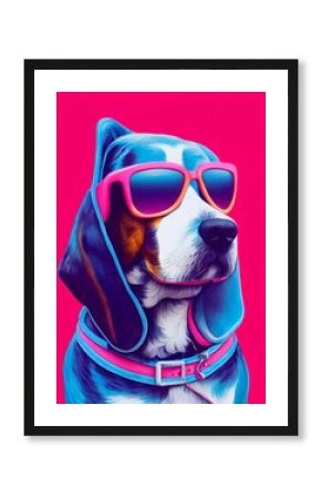 Vertical of an AI generated colorful illustration of a dog with sunglasses against a pink background