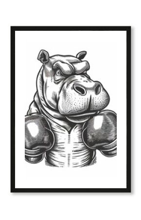 Sketch illustration of a hippopotamus with boxing gloves, standing confidently,on a white background