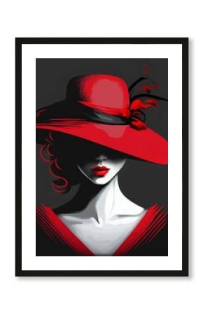 Vertical AI-generated illustration of a classy young female in a red hat