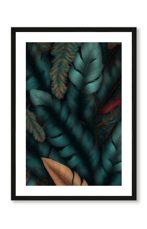 Vertical illustration with feathers in dark green and golden, can be used for wallpaper