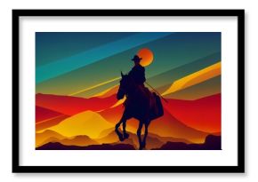 Digital AI-generated image of a cowboy on horseback in a desert at sunset for wallpapers