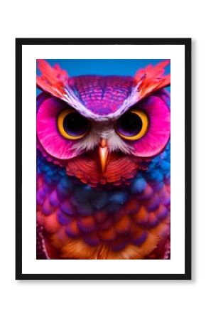 Vertical AI-generated image of a cute colorful cartoon owl