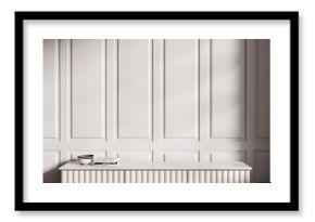 Light living room interior with drawer and decoration. Empty molding wall