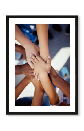 Hands, together and support, children solidarity and trust, commitment and team motivation top view. Diversity, teamwork and youth group with development, growth and kids community with connection