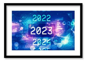 2023 New Year concept with technology blurred abstract light background