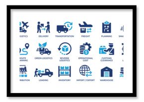 Logistics icon set. Containing distribution, shipping, transportation, delivery, cargo, freight, route planning, supply chain, export and import icons. Solid icon collection.