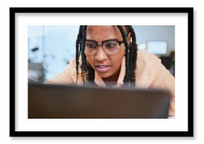 Black woman, laptop stress and reading report problem, network issues or 404 glitch. African girl, thinking and remote web management, website design anxiety or cybersecurity error in home office