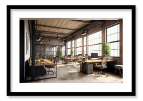 Luxury workspace office decorated with industrial loft modern interior design. Peculiar AI generative image.