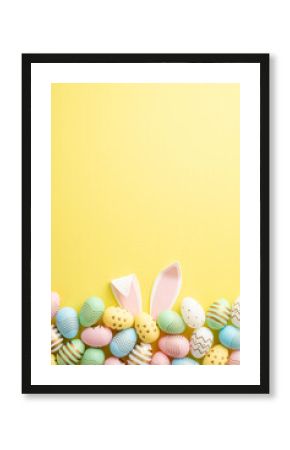Easter celebration concept. Top view vertical photo of colorful easter eggs and easter bunny ears on isolated yellow background with empty space