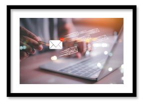 businessman working with laptop sending email on virtual screen, email marketing concept, sending mass e-mails or digital newsletter to manage relationship with customers