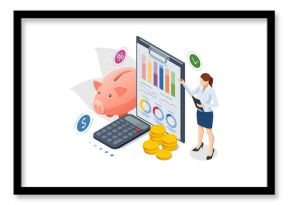 Isometric Concept of Business Analysis, Analytics, Research, Finance chart, Financial planning, Data analysis, and Management strategy. Investment in securities, smart investment, strategic management