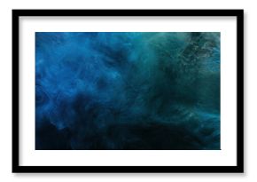 Color mist. Ink water. Haze texture. Fantasy night sky. Blue green shiny glitter steam cloud blend on dark black abstract art background.