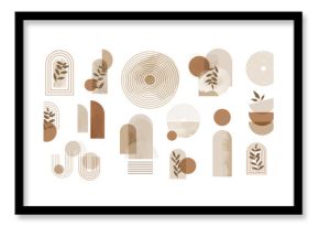 Hand drawn abstract minimal element mid century vector set. Aesthetic contemporary stripe line art, watercolor geometric shapes in earth tone. Art form design for wall art, decoration, wallpaper.