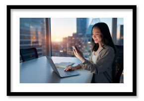 Young happy busy Asian business woman executive using laptop mobile cell phone tech at night in dark office. Professional businesswoman holding smartphone, working on cellphone with Generative AI