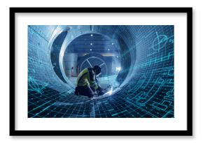 Industrial 4.0 Digital Visualization: Heavy Industry Welder Working, Welding Inside Pipe. Construction of NLG Natural Gas and Fuels Transport Pipeline. Clean Green Power and Energy Concept.