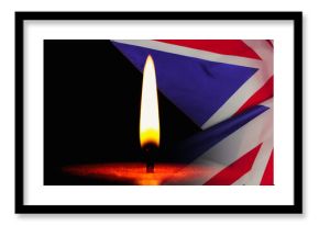 Mourning UK.Death of Queen Elizabeth.Sorrow.Symbol of UK flag,crown and burning candle.Mourning and mourning banner