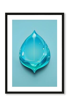 Digital illustration of a smooth blue leaf-shaped water droplet on a blue background