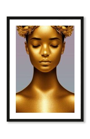 Vertical AI-generated illustration of a golden woman with a crown on a gradient background