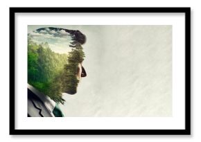 Concept of green business devotion, environment caring, business sustainability and global warming protection shown by businessman and green forest trees double exposure image