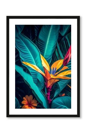 Colorful flower on dark tropical foliage nature background