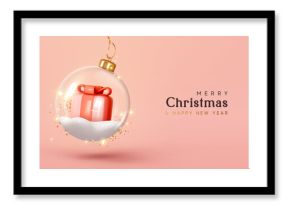 Merry Christmas and Happy New Year. Christmas ornaments glass transparent balls with gift box side on snow. Christmas ball hanging on gold ribbon. Holiday Xmas background. vector illustration