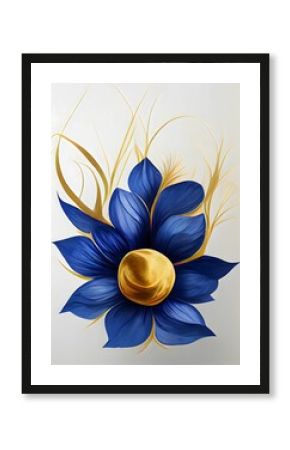 Digital illustration of a blue and gold flower painting on a beige background