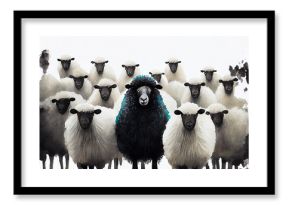 A herd of white sheep with a black one in the middle
