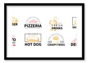 Fast food sketch logo. Hand drawn pizza and burger, sandwich cafe logotype. Vintage stamp with hot dog and hamburger badge, sausage and desserts. Engraving snacks. Vector illustration stickers