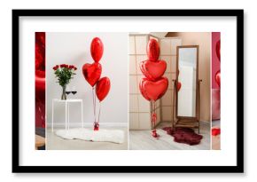 Collage of home interiors with gifts, rose flowers, glasses of wine and balloons for Valentine's Day celebration
