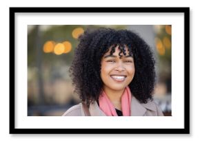 Happy woman, portrait and city travel with a smile while outdoor on London street with freedom. Face of young black person with natural afro hair, beauty and fashion style during student holiday walk