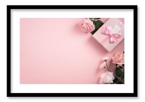 Valentine's Day and Mother's Day design concept background with pink flower and gift on pink background.