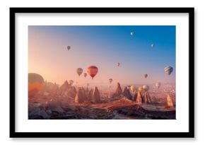 Landscape sunrise in Cappadocia with set colorful hot air balloon fly in sky with sunlight. Concept tourist travel Goreme Turkey
