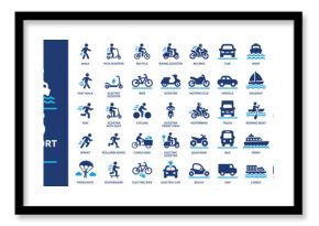 Transport icon set. Containing car, bike, plane, train, bicycle, motorbike, bus and scooter icons. Solid icon collection.