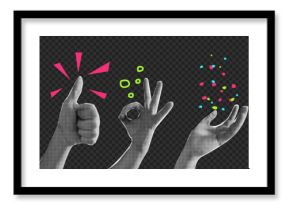 Collage element with hands and cutout shape and doodle element. Vintage vector set. Retro halftone effect.