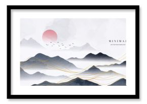 Luxury mountain wallpaper with foggy sky scenic landscape. Watercolor and gold line art texture hills background vector. Design illustration for cover, invitation, packaging, fabric, poster, print.