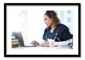 Medical, laptop and research with a woman nurse reading information in a hospital for diagnosis. Healthcare, insurance and education with a female med student working in a clinic for data analysis