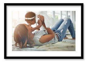 Babies, young mother and daughter on floor with love, fun and happiness playing together in living room. Smile, black woman and baby in bonding embrace, quality time for parent and newborn in home.