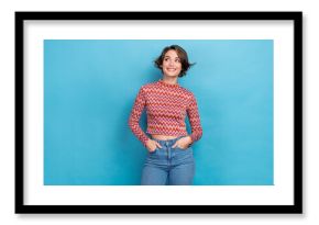 Photo of cute sweet lady wear pink shirt arms hands pockets looking empty space isolated blue color background