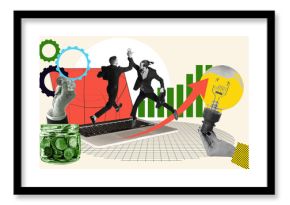 Ambitious men, employees giving high five, celebration financial success. Innovations and trade market. Contemporary art collage. Concept of office, business, career development, cryptocurrency