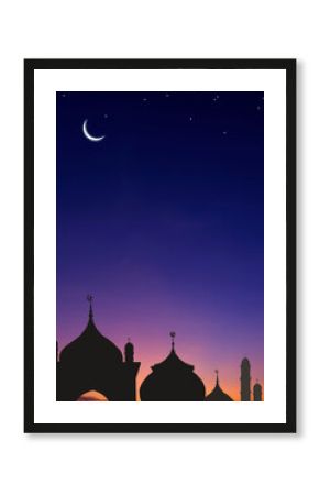 Silhouette Mosques Dome and Crescent Moon on dark blue Twilight sky in vertical frame, symbol islamic religion Ramadan and free space for text arabic, Eid al-Adha, Eid al-fitr, Mubarak
