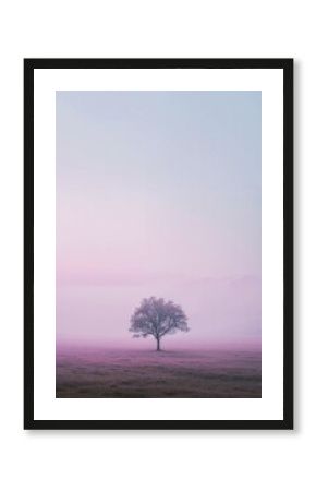 Pink abstract background with tree, pink and blue hills, fields of grass, fading, backdrop style artwork, pale sky, fields of color. Concept of minimalism, perfect for design backdrop 