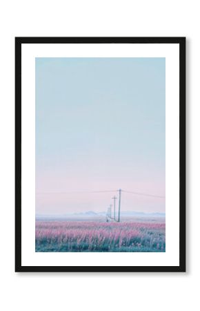 Pink abstract background with Electric Power Poles, pink and blue hills, fields of grass, fading, backdrop style artwork, pale sky, fields of color. Concept of minimalism, perfect for design backdrop 