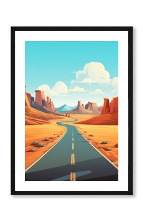 road trip adventure on big road in desert with brown rocks illustration