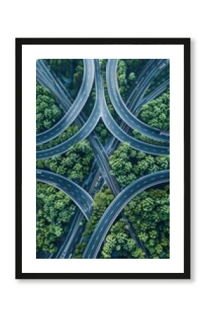 Aerial view of complex multilevel highway junction interchange on expressway for detailed analysis