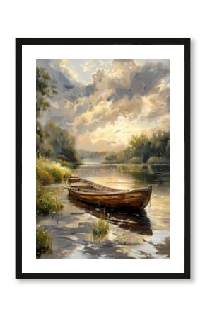 Sailboat on the lake oil painting, home decor wall art, digital art print