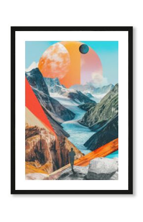Surreal Landscape Collage with Geometric Elements and Solitary Figurine