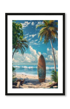Vertical recreation of surfboard stuck in the sand of a tropical beach 